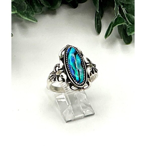 Vintage Style Sterling Silver Ring With Oval Abalone Shell & Ornate Filigree Des - Picture 1 of 6